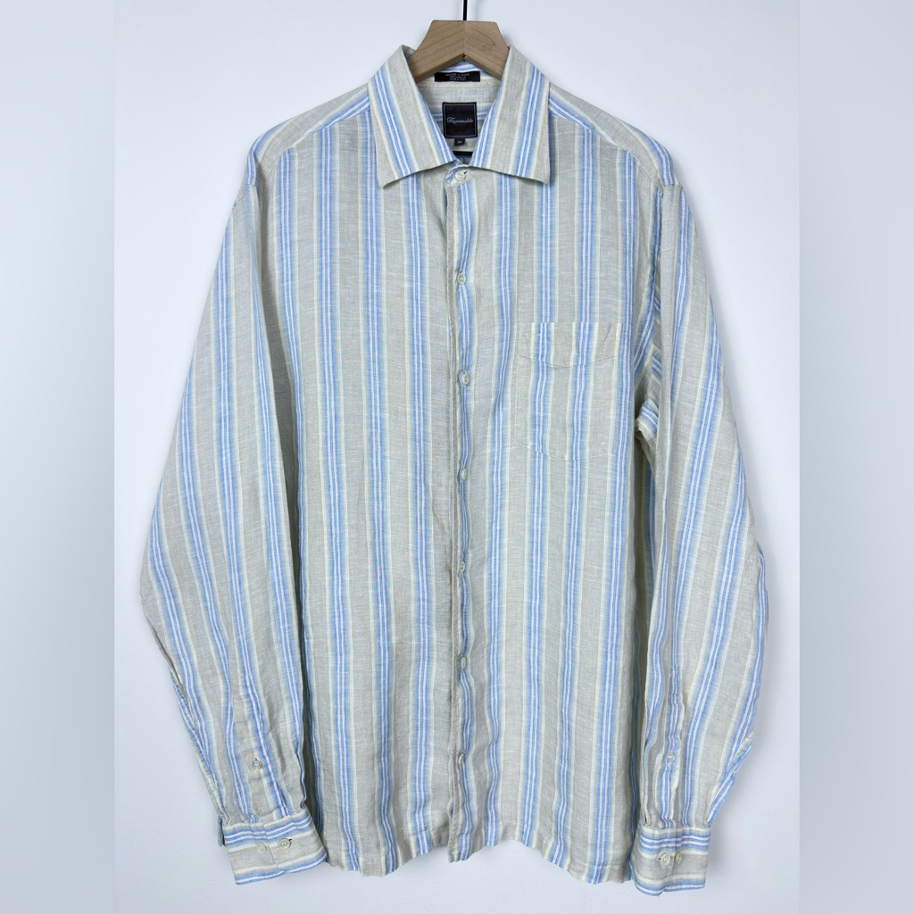 Faconnable Linen Shirt Xl Blue Beige Striped Made In Italy